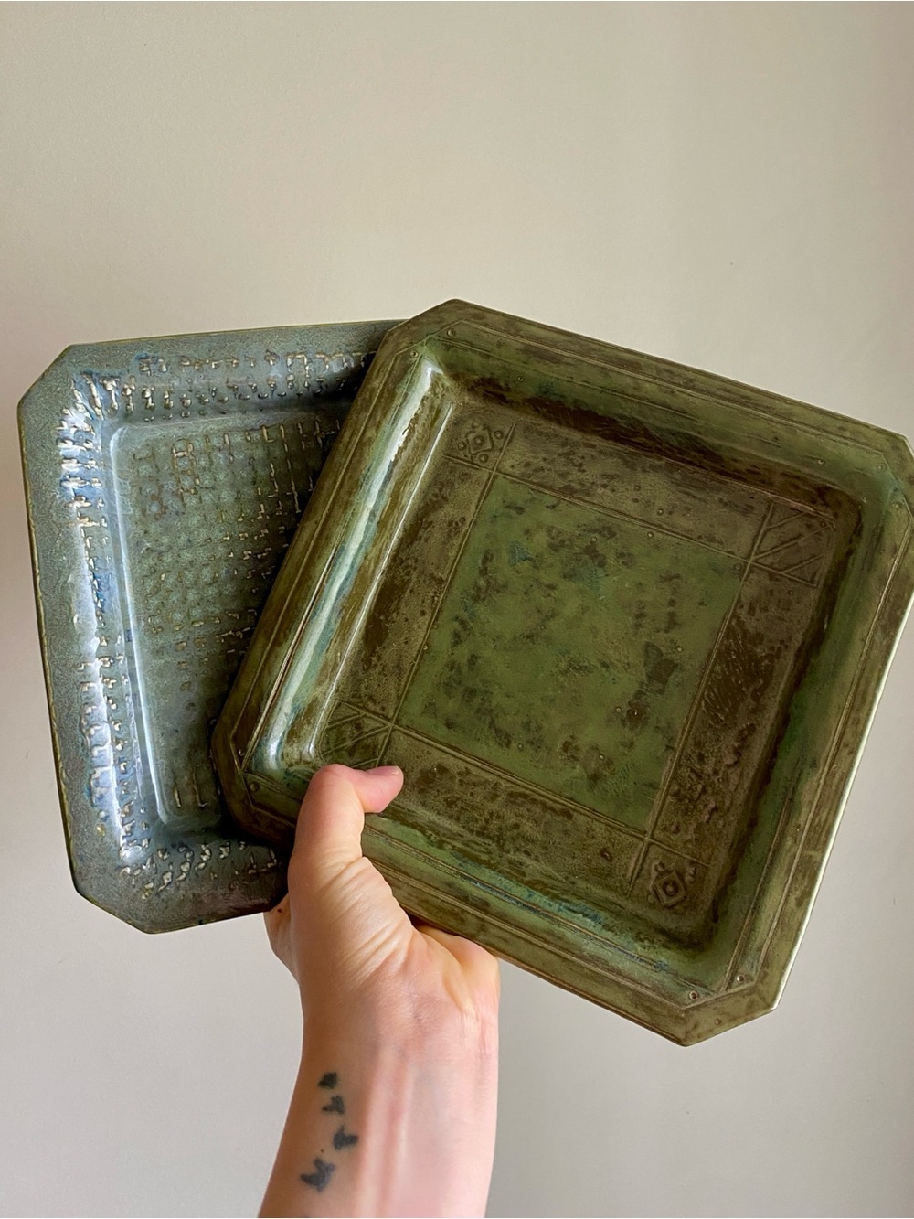 Vintage Handmade Set of 2 Rustic Heavy Square Ceramic Plates